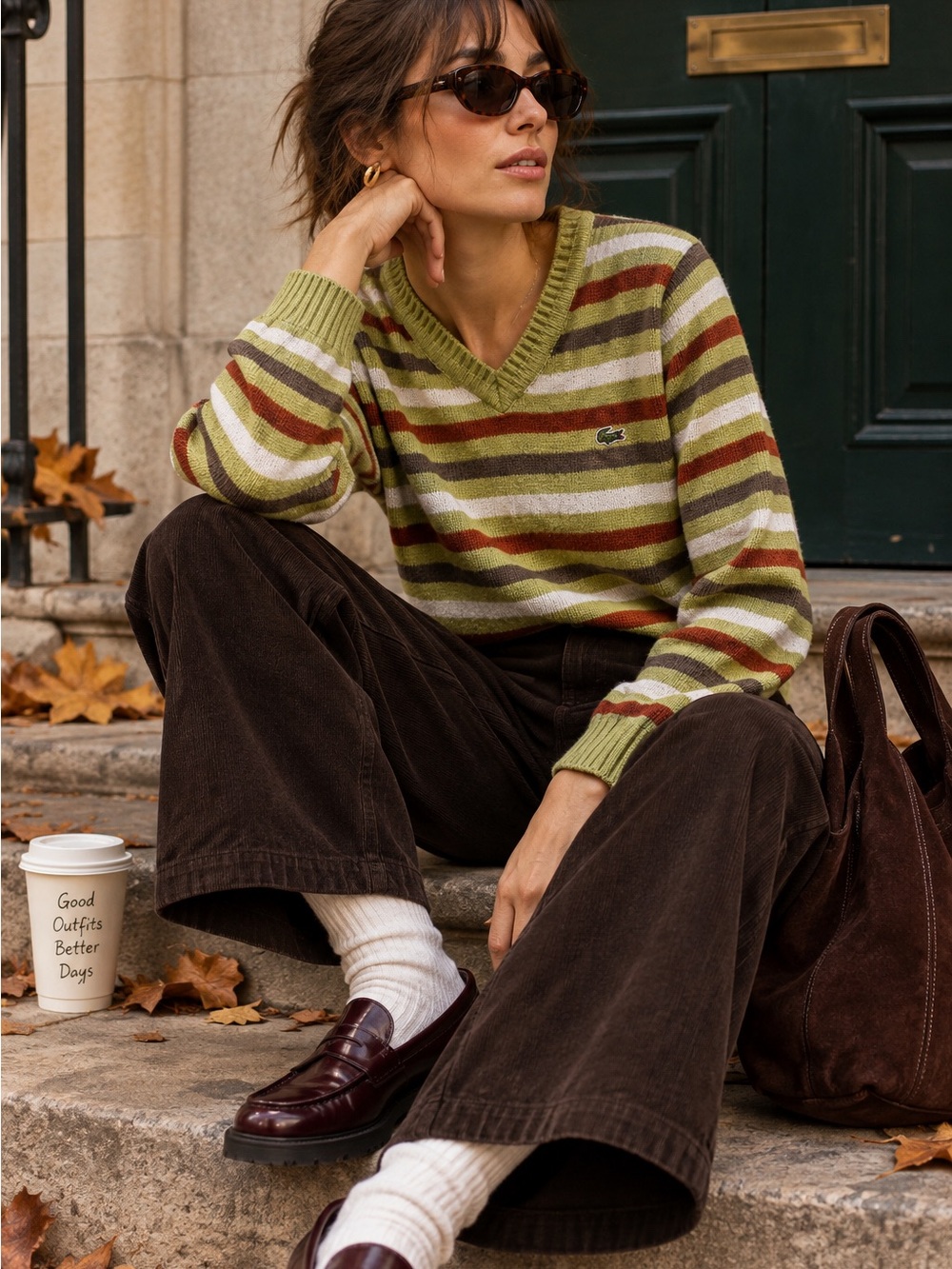 Lacoste Vintage 1990s Striped V-Neck Sweater in Olive, Cream & Rust Size M